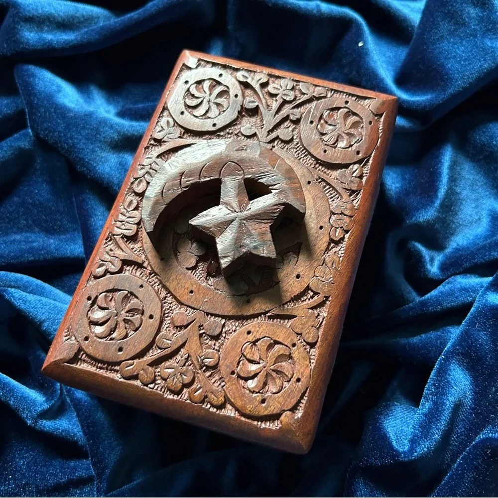 Handcarved Wooden Box with Star and‎ Moon Relief Design